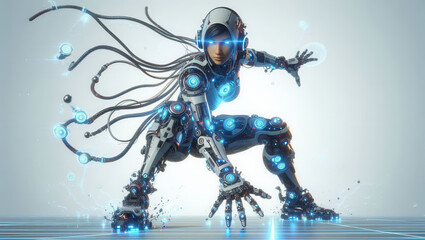 Fototapeta premium Futuristic battle scene female cyborg in high-tech environment digital art sci-fi dynamic view