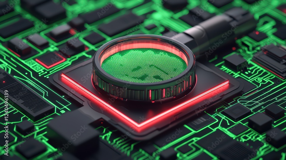 Poster high-tech circuit board with magnifying glass and binary code