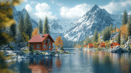 Fototapeta premium Scenic view of a tranquil lake surrounded by mountains and autumn foliage with charming red cabins. Copy space for text