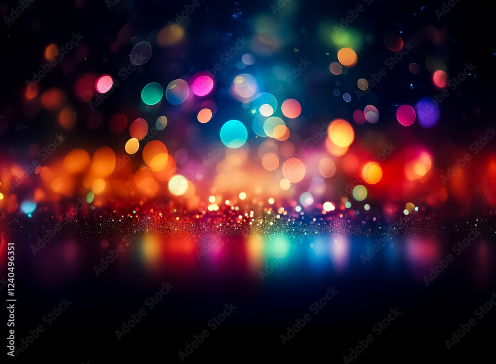 Poster vibrant bokeh lights illuminate a dark, glittering surface, creating a festive and magical atmospher