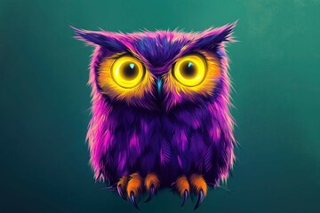 Obraz premium A neon owl with glowing yellow eyes and vibrant purple feathers, set against a gradient forest-green background for a nocturnal ambiance.