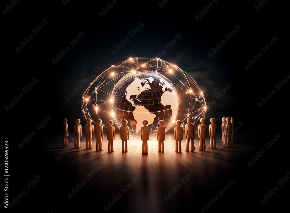 Poster A glowing earth encircled by a network of connections, surrounded by small figures, symbolizes global unity and interconnectedness.  The scene is dark, emphasizing the digital network.