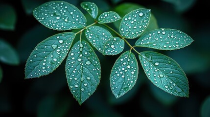 Fototapeta premium Dew-kissed leaves, garden, dark background, nature