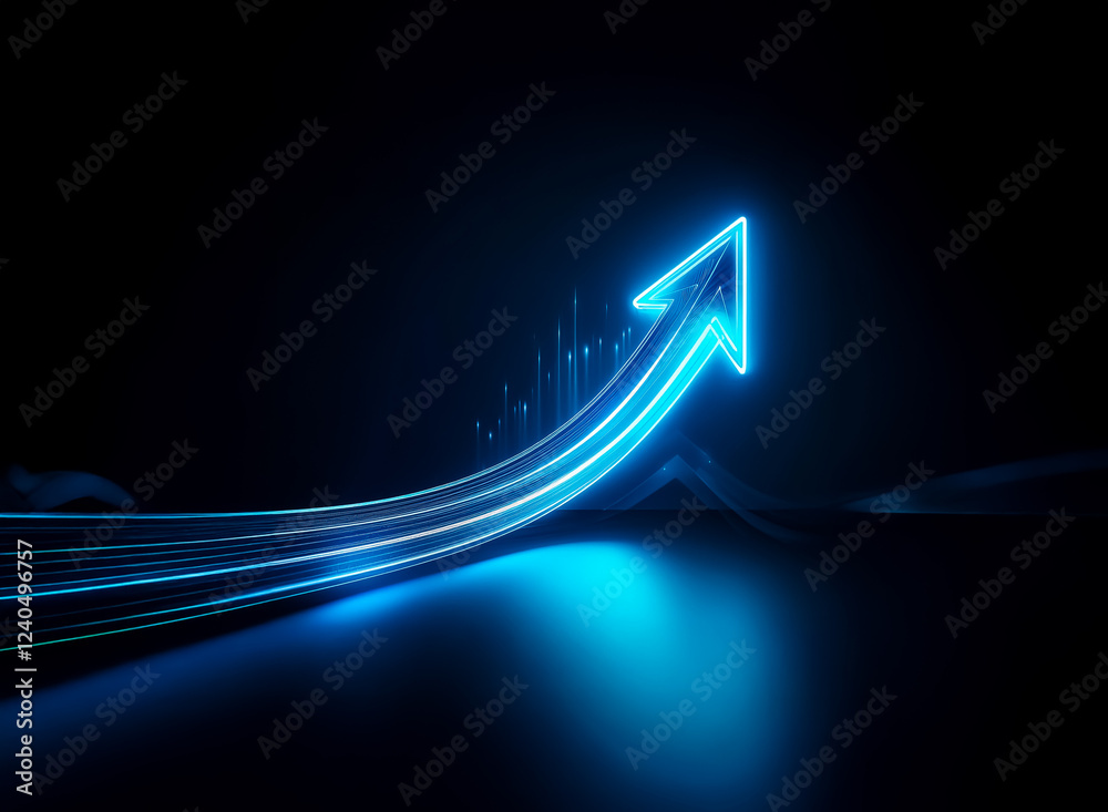 Poster glowing blue arrow ascends on dark background, symbolizing growth and progress. light trails suggest