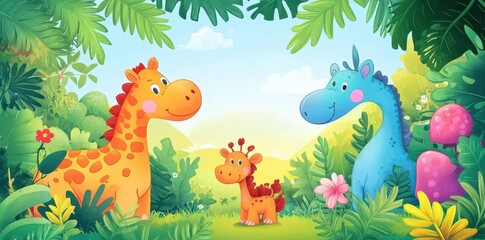Happy Giraffes and Dinosaur in Lush Tropical Jungle