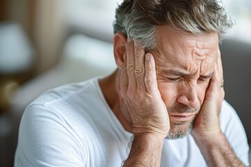 Fototapeta premium Middle-aged man experiencing intense stress and discomfort while holding his head in hands, conveying feelings of anxiety and strain in a cozy home environment