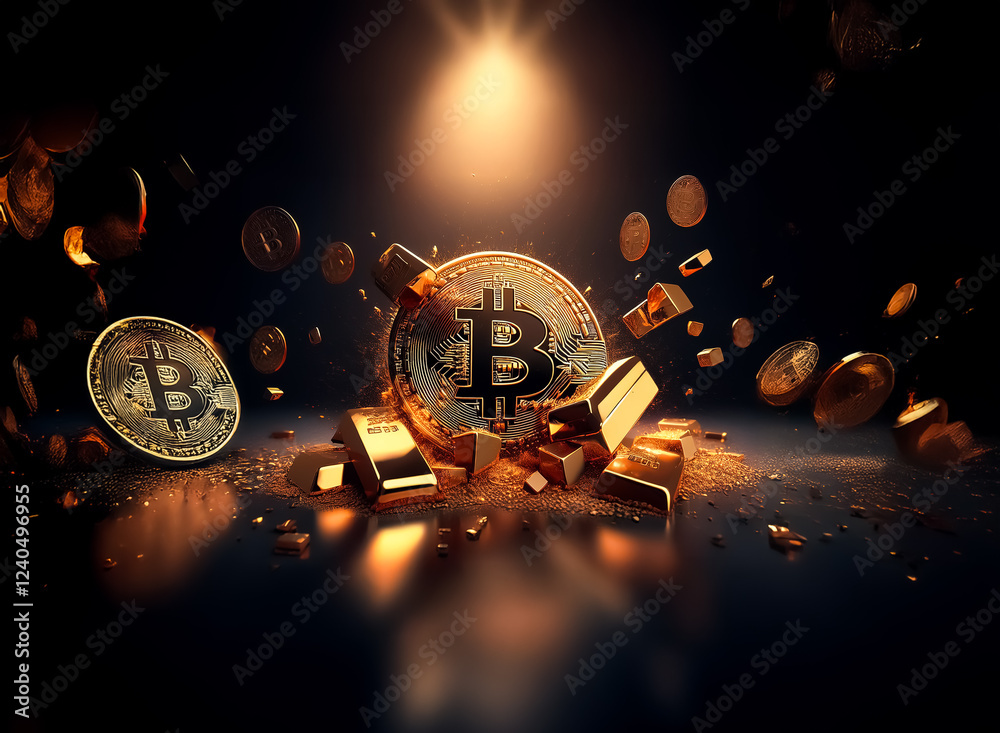 Poster a large gold bitcoin coin shatters, with smaller coins and gold bars exploding outward in a dramatic
