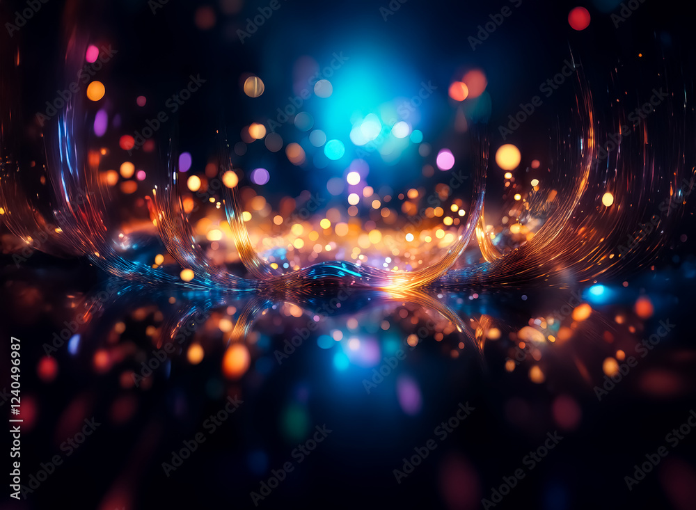 Poster vibrant, swirling lights create an abstract, cosmic scene. warm oranges and yellows contrast with co