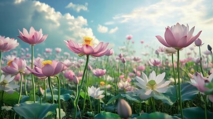 Fototapeta premium A field of pink flowers with a blue sky in the background. The flowers are in full bloom and the sky is clear