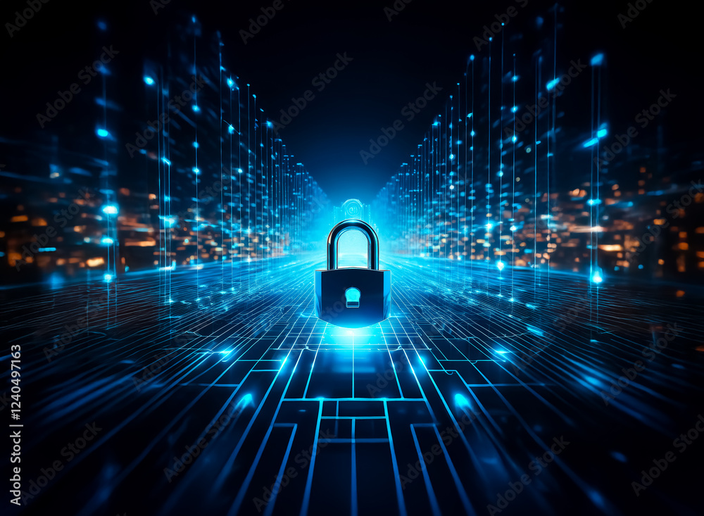 Aufkleber A glowing padlock sits at the center of a digital highway, representing cybersecurity and data protection within a network.  The scene is dark, with bright blue lines suggesting a complex system.