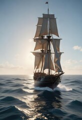 Ship sailing on open ocean with sail and rudder, ship, waves, open ocean