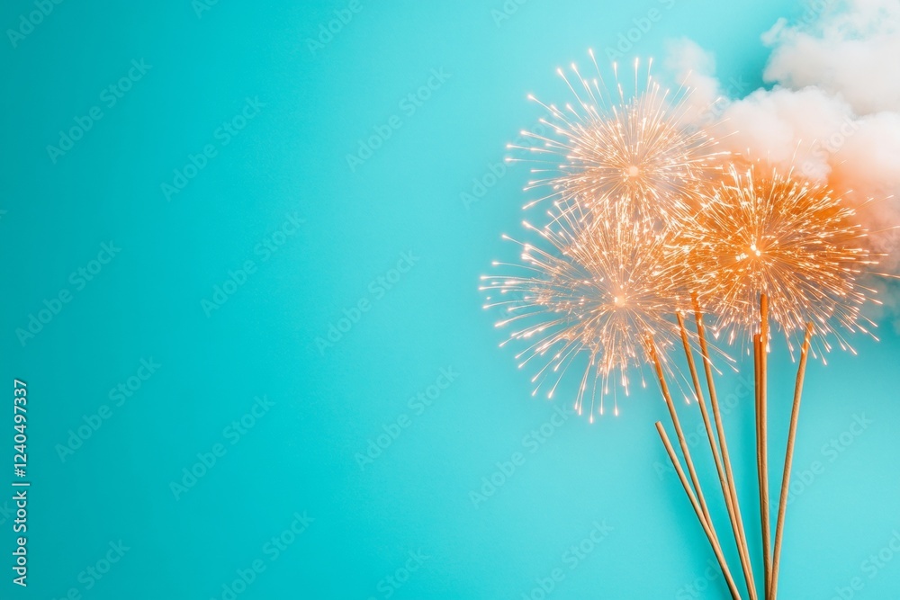 Aufkleber neon aesthetic fireworks display vibrant sky with illuminated sparkles on pastel backdrop - festive 