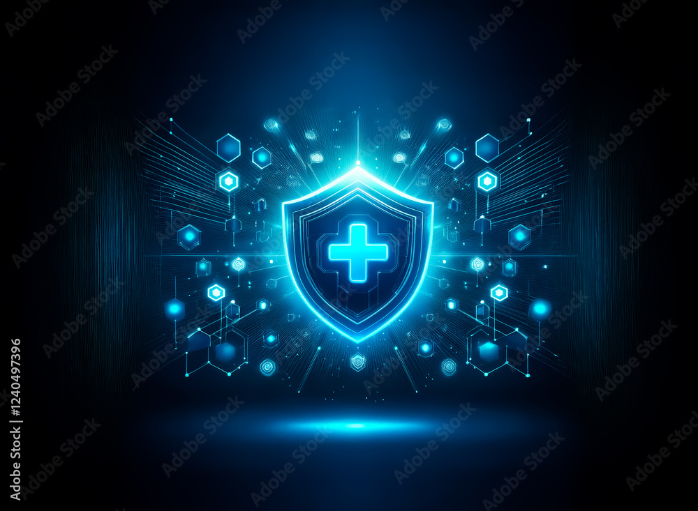 Poster a glowing blue digital shield, emblazoned with a cross, symbolizes digital health protection. surrou