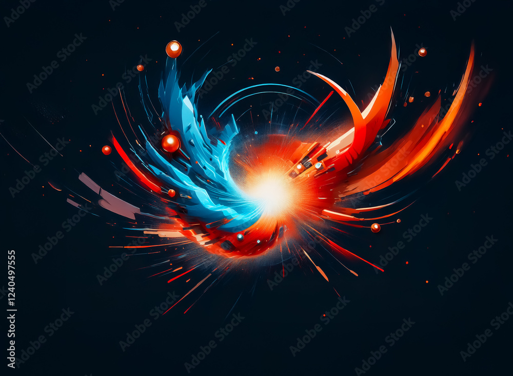 Poster Abstract artwork depicting a dynamic collision of blue and orange energy, swirling in a vibrant explosion of light and color against a dark background.  Glowing spheres add to the intense visual effec