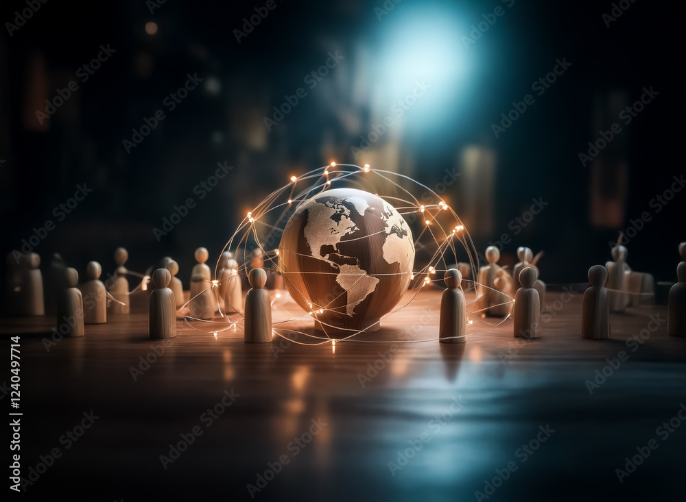 Poster illuminated globe encircled by glowing network lines, surrounded by small wooden figures on a dark w