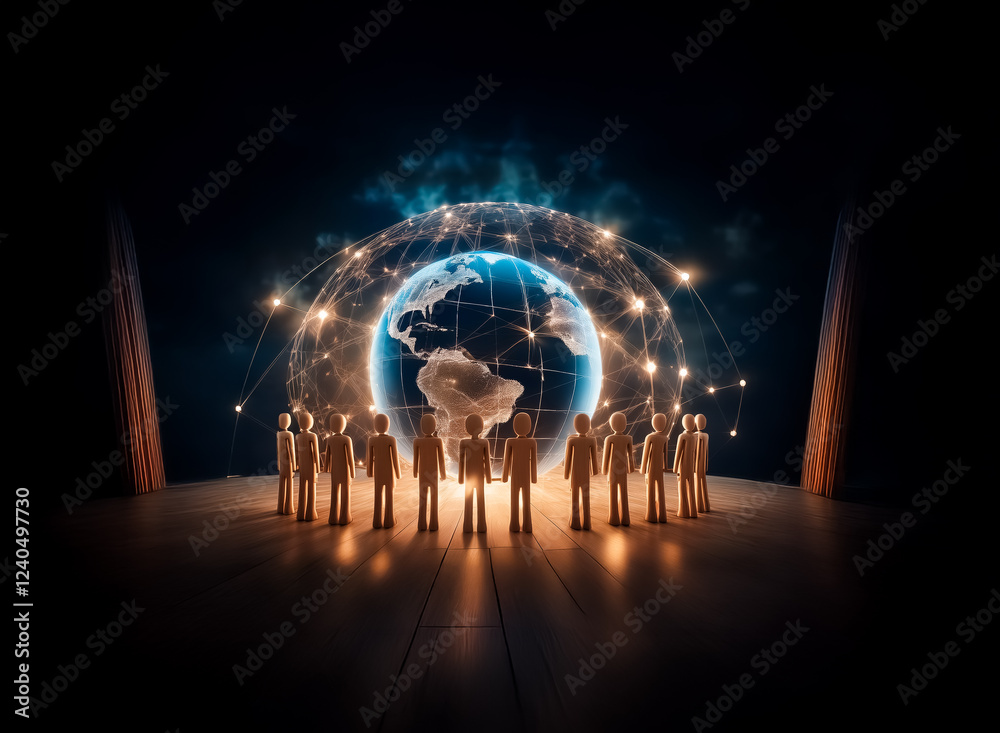 Poster A group of wooden figures stand before a glowing globe enveloped in a network of connections, symbolizing global connectivity and community.  The scene is dark, emphasizing the digital sphere's lumine