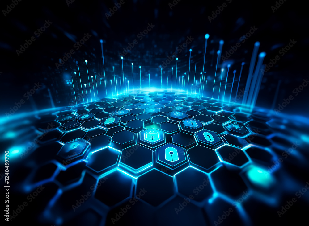 Leinwandbilder Abstract digital artwork depicting a futuristic, glowing hexagonal grid.  Blue light pulses, illustrating a network of secure data points.  Cybersecurity, technology, and protection are central themes