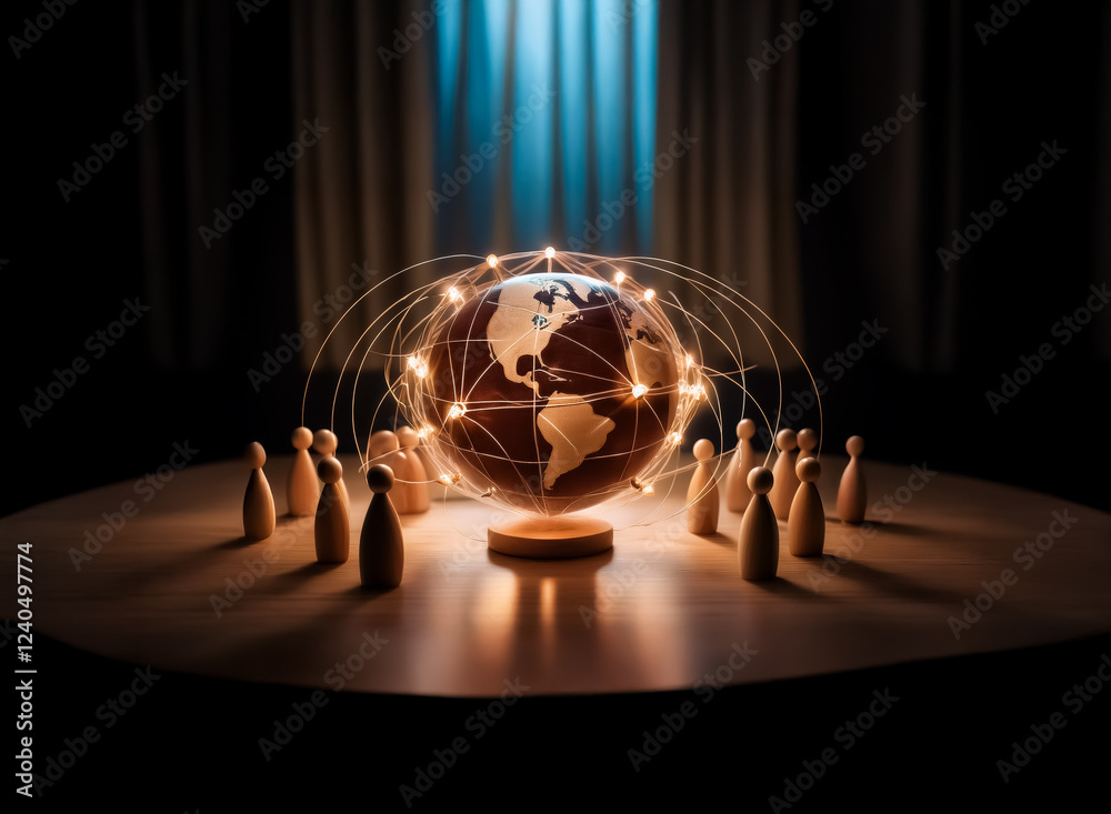 Poster illuminated globe encircled by glowing network lines, surrounded by wooden figures on a dark surface