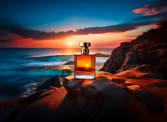 A perfume bottle rests on a rocky outcrop overlooking a vibrant ocean sunset.  The scene evokes feelings of serenity and luxury.