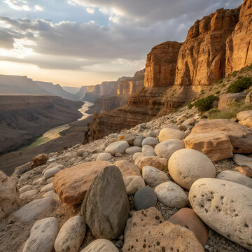 Close-up textures of granite, marble, limestone, and sandstone.

River stones or pebbles in a natural setting (e.g., Zen garden, riverbed).

Majestic rock formations in deserts, mountains, or coastal 