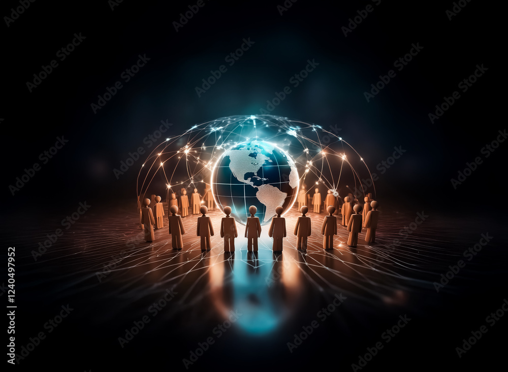 Poster A glowing digital network envelops a globe, encircled by small figures representing global interconnectedness and communication.  A sense of unity and collaboration is conveyed.