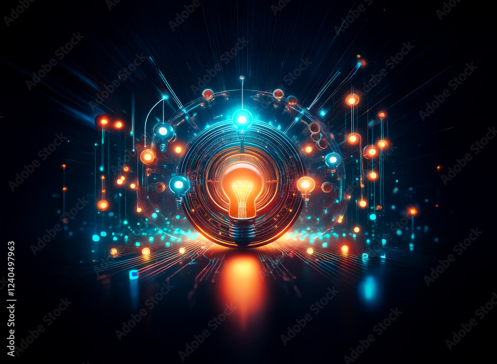 Poster A glowing lightbulb at the center of a complex, futuristic network of interconnected nodes and energy streams.  The scene is rendered in vibrant blue, orange, and black tones, creating a dynamic and i