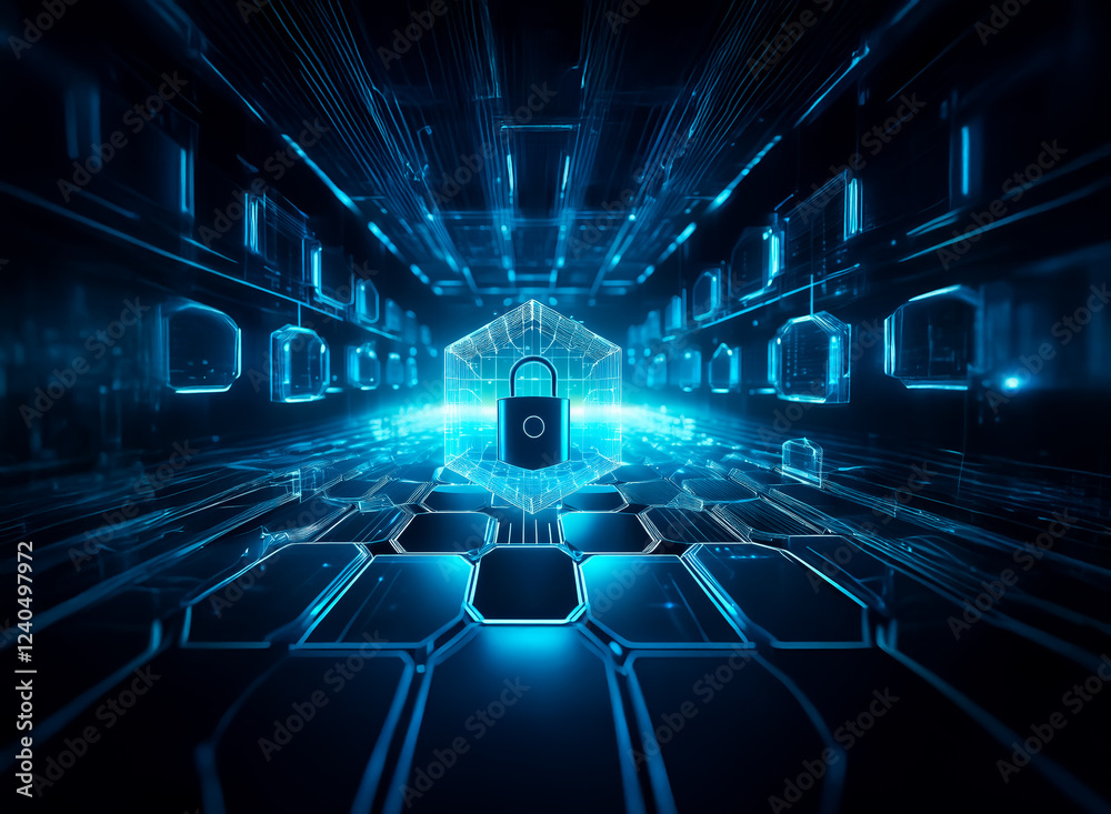 Aufkleber a glowing blue digital lock sits at the center of a futuristic, hexagonal security system. surroundi