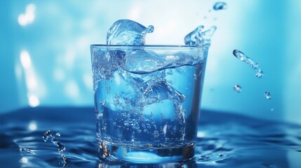 A glass of water with ice cubes in it is splashing water. The water is clear and cold, and the ice cubes are melting, creating a refreshing drink