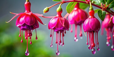 Fototapeta premium Slime dripping from the stem of a fuschia plant, tangled, flora, verdant, plant