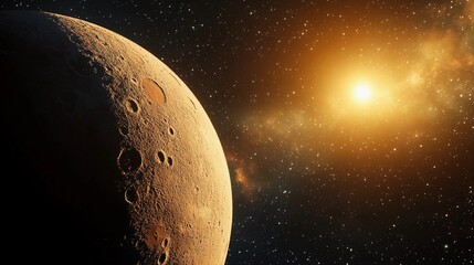 Naklejka premium A large planet with a moon and a bright star in the background. The planet is surrounded by a lot of stars and the moon is in the foreground