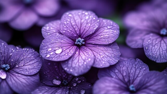 Dew-kissed purple hydrangeas bloom garden close-up