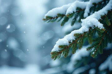 Snow covered and bare Christmas tree branch with a few snowflakes, branches, evergreen