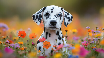 Celebrate National Puppy Day with a joyful Dalmatian puppy amidst a vibrant flower field during a sunny spring day