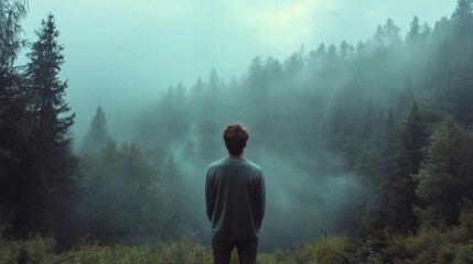 A man stands in a forest with foggy mist surrounding him. The atmosphere is calm and peaceful, and the man is lost in thought