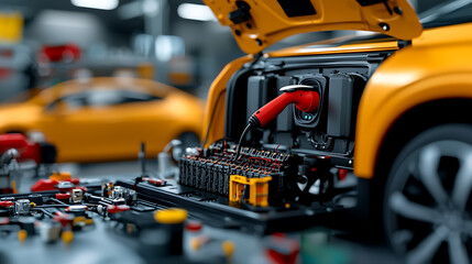 Electric vehicle cutaway showcase automotive workshop detailed technical content industrial environment close-up view innovative engineering concepts