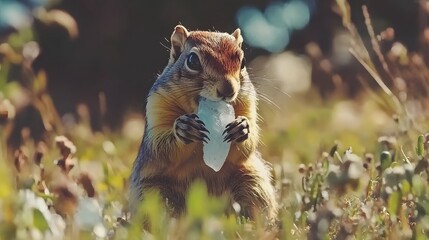 Obraz premium Adorable Squirrel Holding Ice Crystal in Meadow