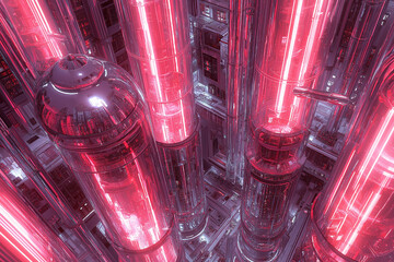 Futuristic Cityscape: Glowing Crimson Towers