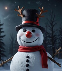 Snowman Rudolf with his red nose shining bright in the dark night sky, winter, magical