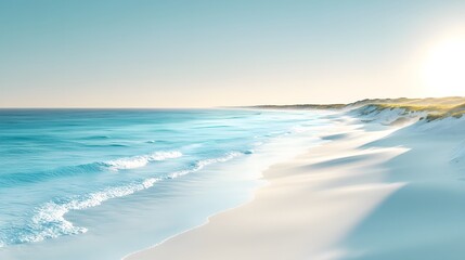 Fototapeta premium Serene Coastal Landscape, Turquoise Ocean Waves on White Sandy Beach