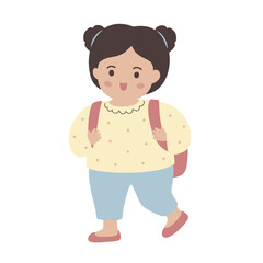 Colorful vector illustration of a cute girl with a backpack, kids, young students, kindergarten, children