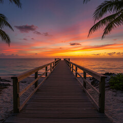 Fototapeta premium Stunning Sunset Pier Beach Landscape Photography