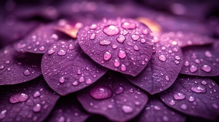 Dew-kissed purple leaves, garden close-up, nature background, botanical design