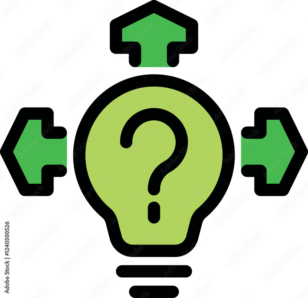 Poster green light bulb with question mark showing different possible solutions and decision making