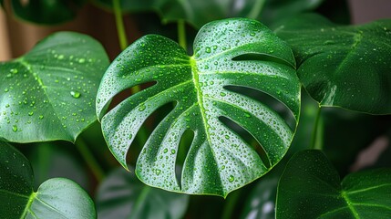 Obraz premium Dewy Monstera leaf, indoor plant, close-up, home decor