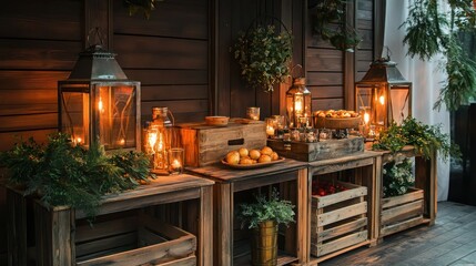 A rustic buffet setup with wooden crates, vintage lanterns, and fresh greenery, giving an earthy vibe.