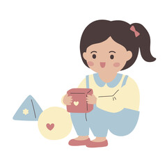 Colorful vector illustration of a girl playing with toys, kids, young students, kindergarten, children 