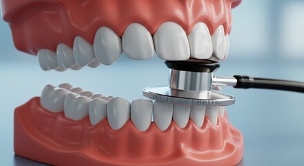 Obraz premium 3D Dental Model with Stethoscope: Professional Tooth Health Examination Visualization on Light Blue Background.