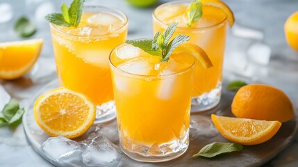 Three glasses of orange juice with ice and a sprig of mint. There are also oranges on the table