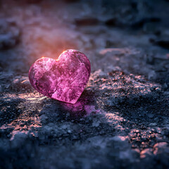 Fototapeta premium vibrant pink heart shaped stone glows softly on rough surface, creating captivating and emotional scene. interplay of light and texture adds depth to this unique natural formation