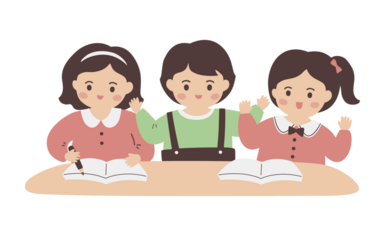 Colorful illustration of kids, young students, kindergarten, children on a table, transparent PNG